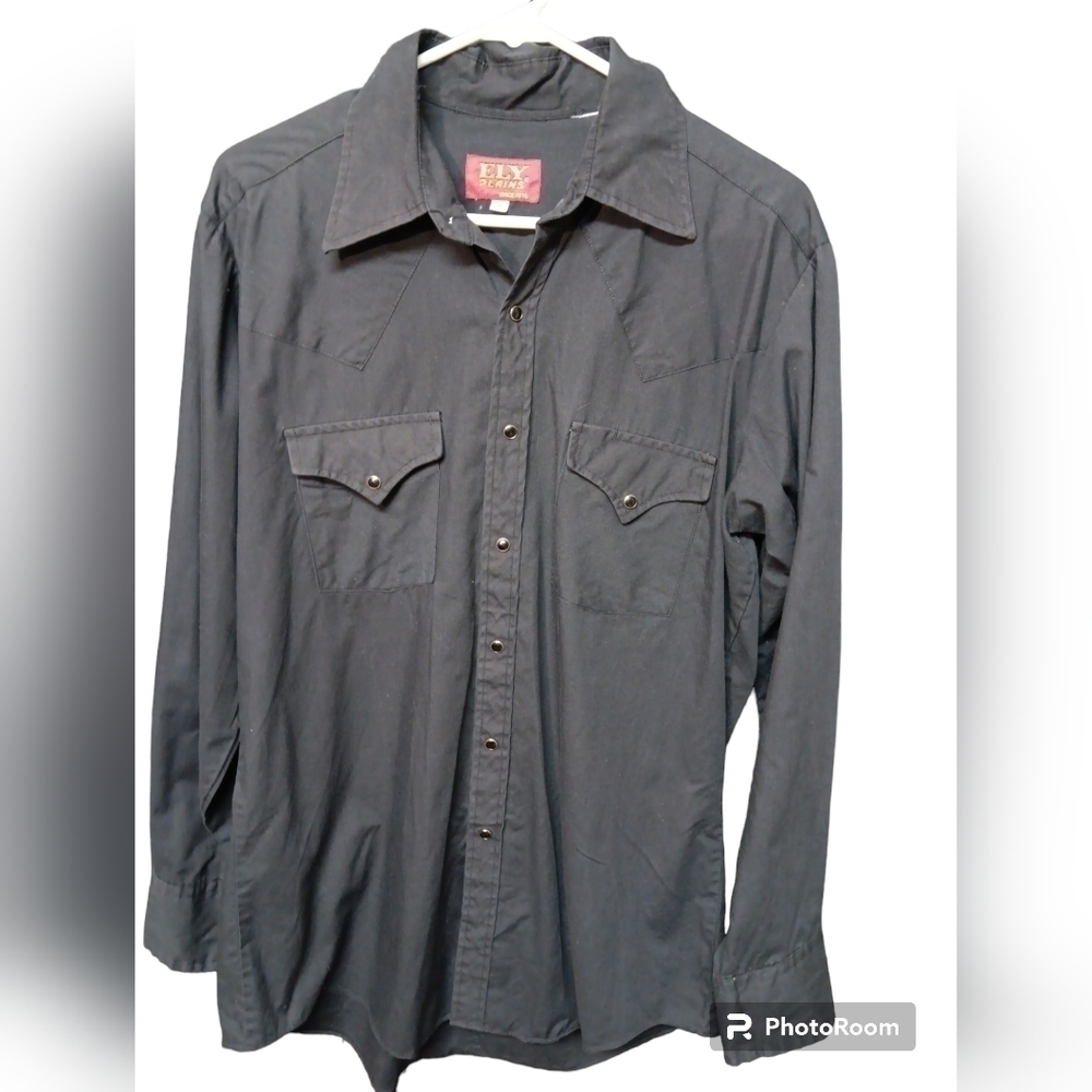 Vintage Ely Plains Solid Black Western Shirt Snap Front Mens 16/34-35